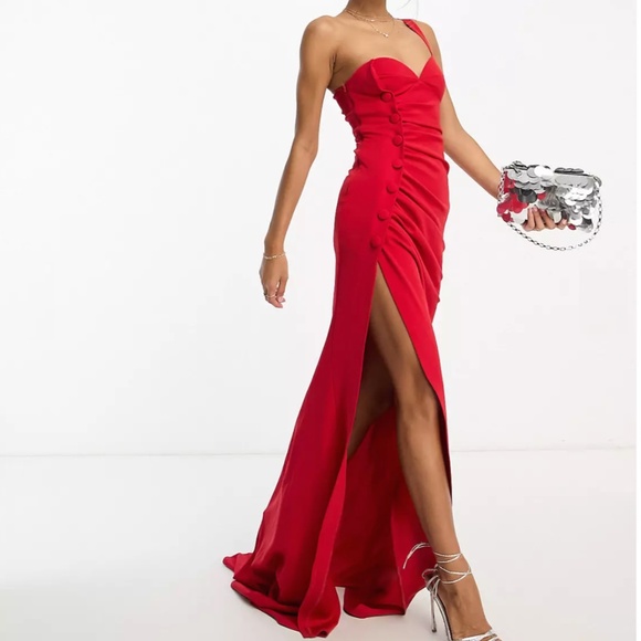 NEW ASOS DESIGN Red ONE SHOULDER Ruched SIDE BUTTON Maxi Dress GOWN US 4 (fit 2) - Picture 14 of 16